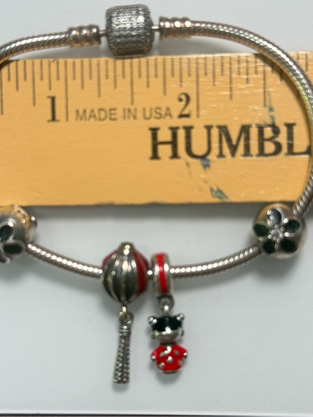 Pandora Silver Bracelet with Red and Green Enamel Charms